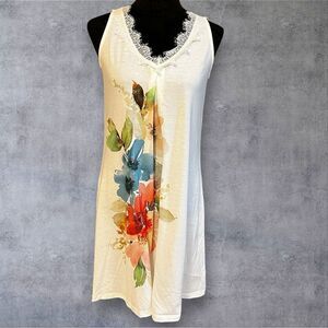 Sleeveless Floral Cotton Dress Lace V-Neck White Ladies Summer Fashion sz Small
